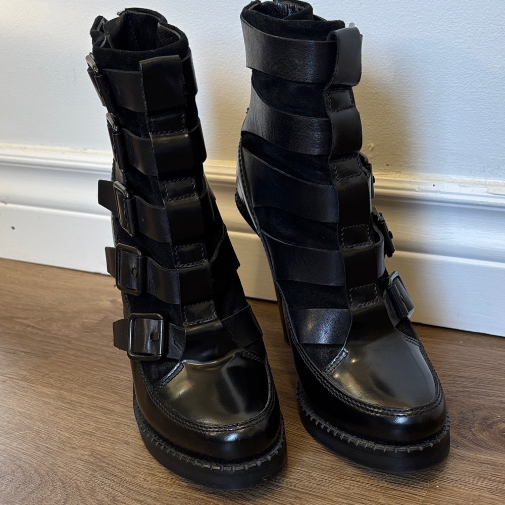 ALL SAINTS ‘Widow’ Black Leather Multi-Buckle Platform Heeled Boots 37 - Picture 5 of 12